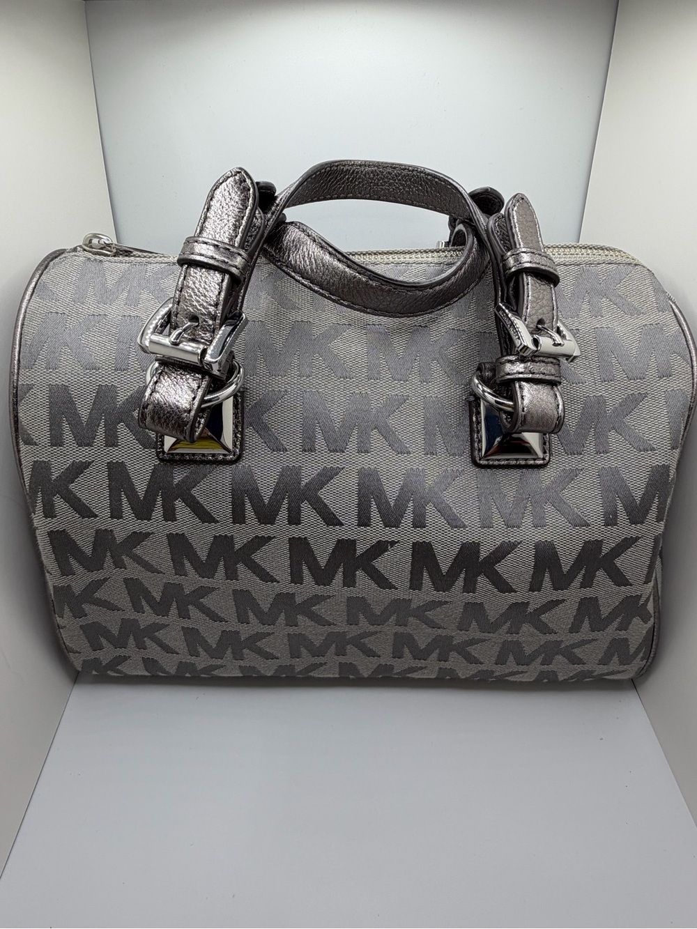 Michael Kors Metallic Silver Grayson Medium Satchel Barrel Bag / Boston Bag